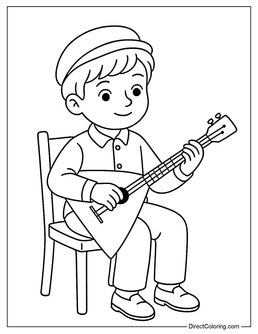 Coloring page of a boy sitting and playing a traditional balalaika triangle.